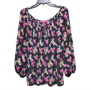 Betsey Johnson Black Polka Dot Pink Floral  Balloon Sleeve Top Womens Size Large